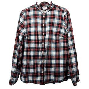 J Crew Women's Flannel Blouse Size Small Red Plaid Ruffle Neckline Button Up L/S